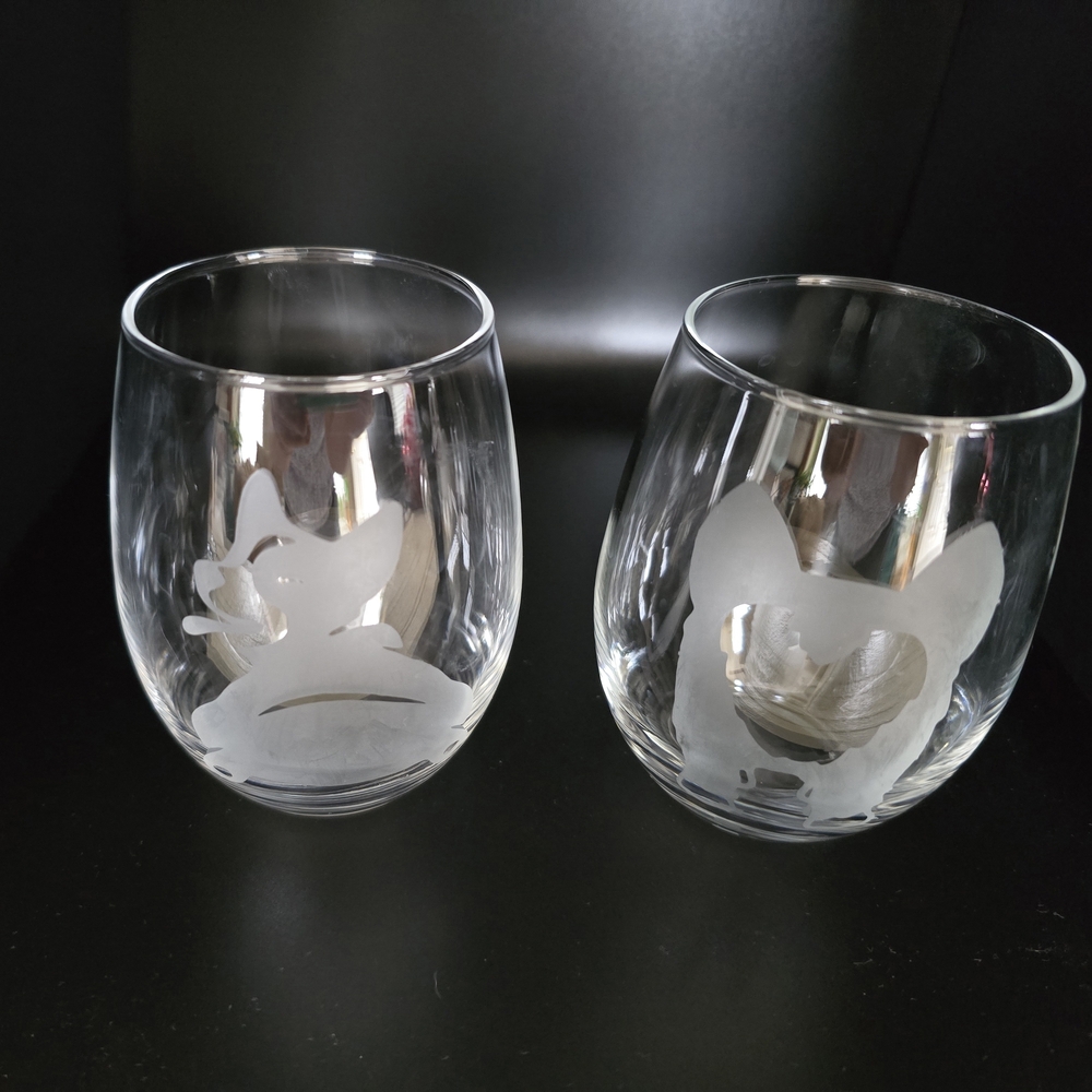 Cute Etched Corgi Stemless Wine Glasses - No Flaws - Set of Two